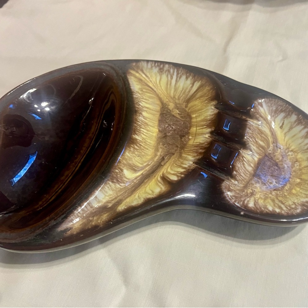Vintage MCM Brown Ashtray—Brown and Yellow Ceramic Dish
